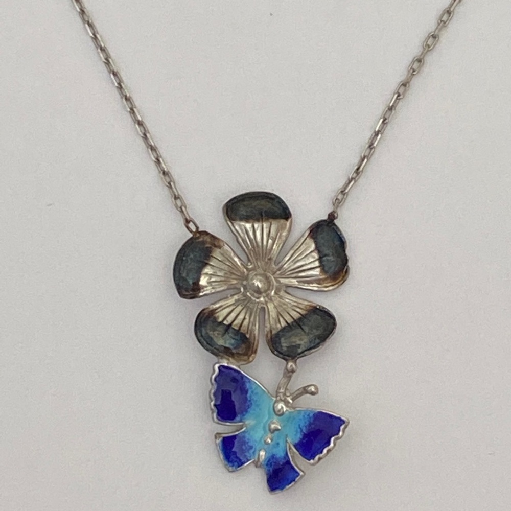 925 Silver blue handmade enamel butterfly flower necklace